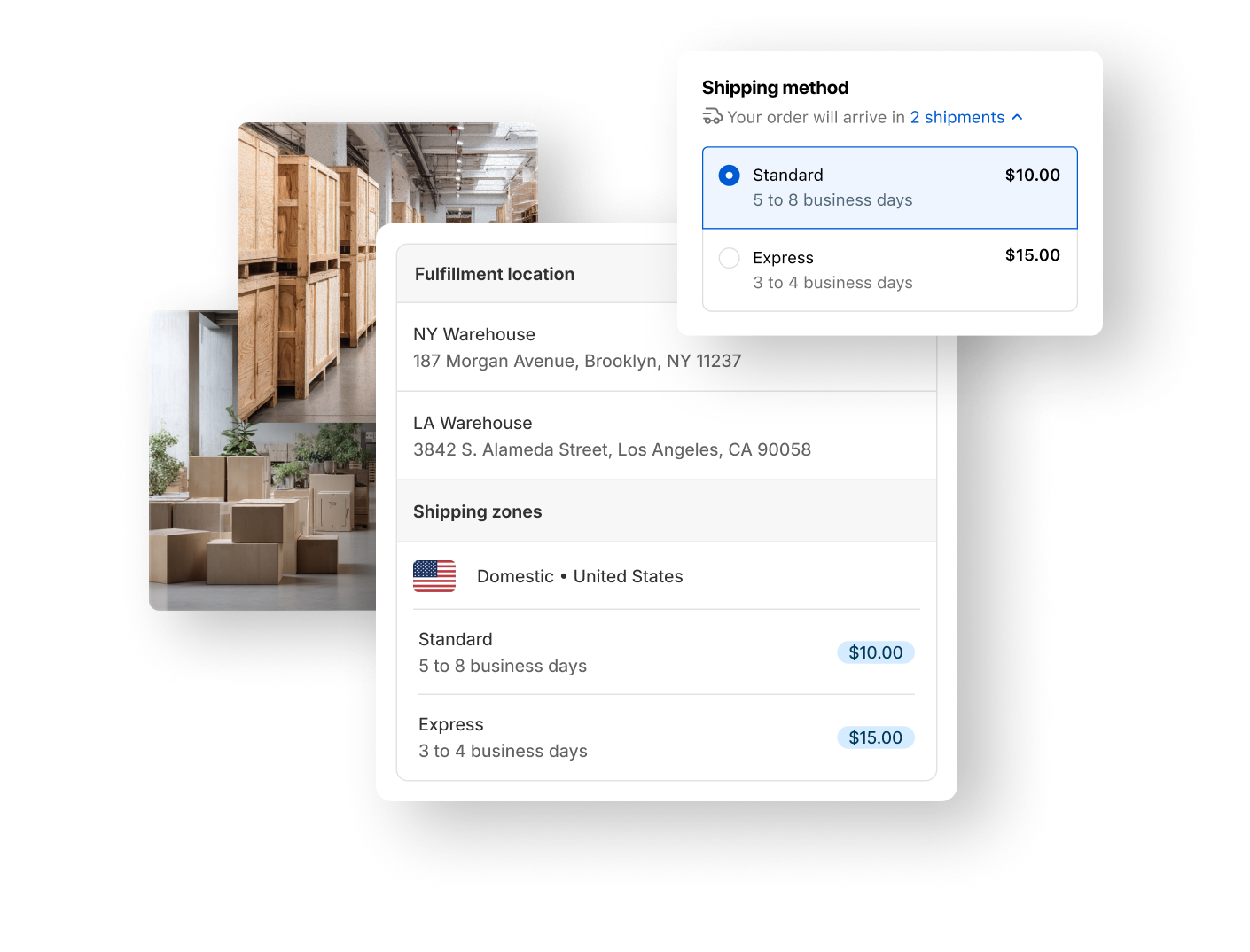 A checkout page shows that the order will arrive in two shipments, one from the NY Warehouse and one from the LA Warehouse, but the charge is a flat rate of 10 dollars.